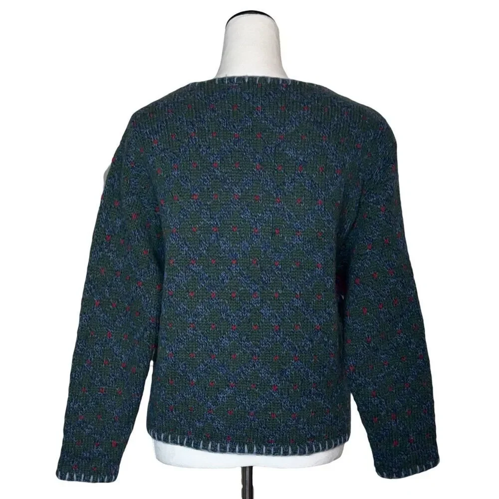 Vtg Liz Claiborne 100% Wool Granny Sweater MP Patchwork Hearts Winter Hand Knit - Picture 4 of 6